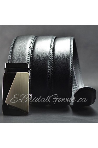 Men Simple Black Business Automatic Buckle Leather Wide Belt,Work/ Casual