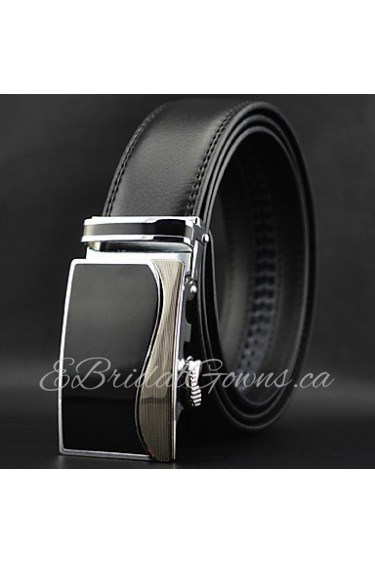 Men Black Business Automatic Buckle Leather Wide Belt,Work/ Casual