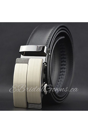 Men Black Automatic Buckle Genuine Leather Wide Belt Business Waist Strap,Work/ Casual