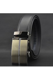 Men Black Automatic Buckle Genuine Leather Wide Belt,Work/ Casual