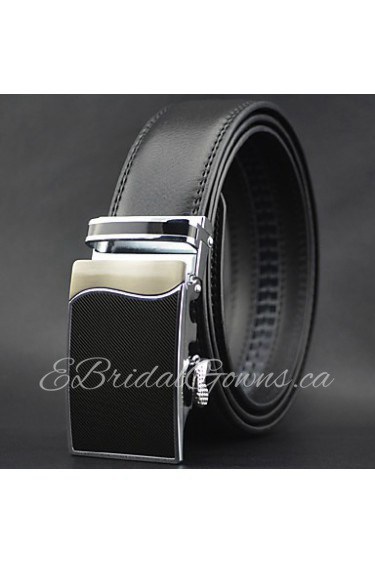 Men Business Automatic Buckle Leather Wide Belt,Work/ Casual Black