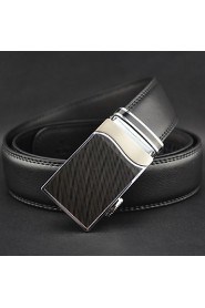 Men Business Automatic Buckle Leather Wide Belt,Work/ Casual Black