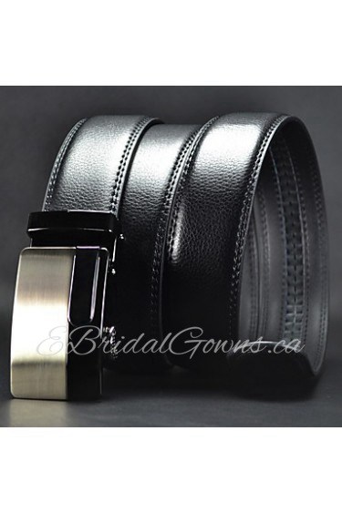 Men Simple Business Automatic Buckle Leather Wide Belt,Work/ Casual Black