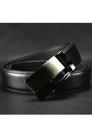 Men Simple Business Automatic Buckle Leather Wide Belt,Work/ Casual Black