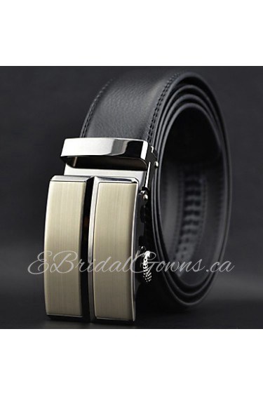 Men Simple Business Automatic Buckle Leather Wide Belt,Work/ Casual Black