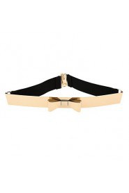 Women Mirror Waist Belt Metallic Bling Gold Plate Bow Elastic Wide Obi Belt Waistband