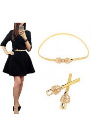 Women Belt Leaves Clasp Front Stretch Skinny Elastic Belt Waist Strap Gold