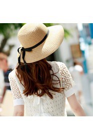 Women's Solid Beige/Light Brown Straw Hat,Beach/Casual Belt Decorated