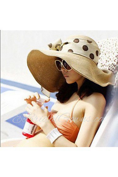 Women Casual Summer Linen/Straw Beach Casual Floppy Straw Sun Hat with Ribbon