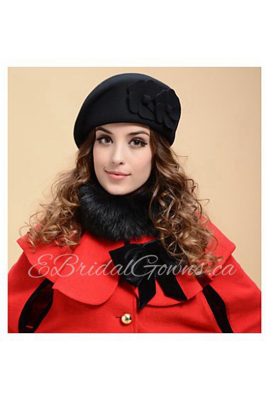 Women Tweed Cute Fashion Wool Beret Solid Color Flowers Hat