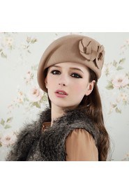 Women Tweed Cute Fashion Wool Beret Solid Color Flowers Hat