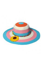 Women Flower Sunflowers Decorate Beads Striped Outdoor Travel Straw Hat