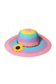 Women Flower Sunflowers Decorate Beads Striped Outdoor Travel Straw Hat