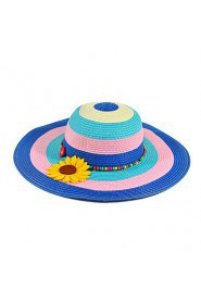 Women Flower Sunflowers Decorate Beads Striped Outdoor Travel Straw Hat