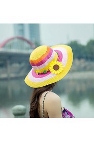 Women Flower Sunflowers Decorate Beads Striped Outdoor Travel Straw Hat