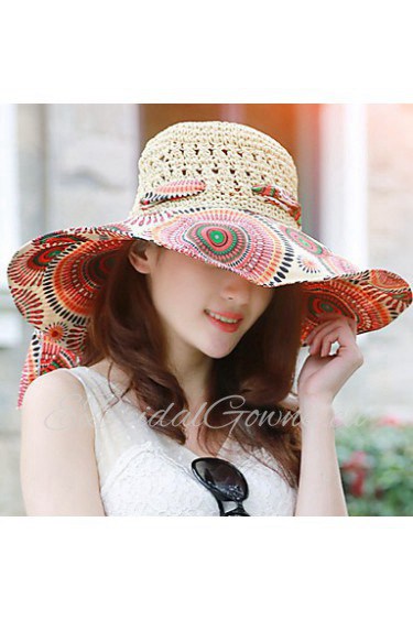 Fashion Summer BeachTravel Hollow Hand-woven Multicolored Printing Bow Straw Hat