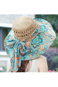 Fashion Summer BeachTravel Hollow Hand-woven Multicolored Printing Bow Straw Hat