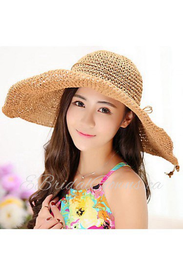 Millinery Pure Color Bow Straw Folding Beach Vacation Braid Hat