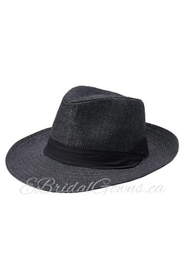 Unisex Ribbon Pinched Crown Rolled Trim Straw Hat