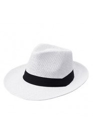 Unisex Ribbon Pinched Crown Rolled Trim Straw Hat