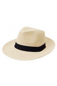 Unisex Ribbon Pinched Crown Rolled Trim Straw Hat