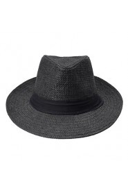 Unisex Ribbon Pinched Crown Rolled Trim Straw Hat