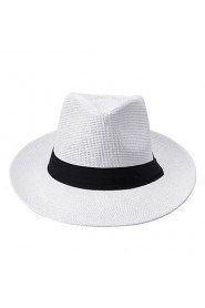 Unisex Ribbon Pinched Crown Rolled Trim Straw Hat