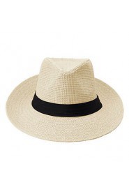 Unisex Ribbon Pinched Crown Rolled Trim Straw Hat