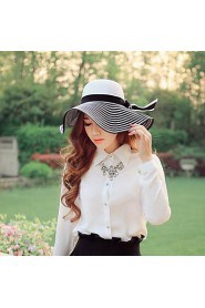 Women's Wide Brim Stripes Bow Floppy Beach Boho Straw Sun Hat