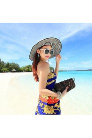 Women's Wide Brim Stripes Bow Floppy Beach Boho Straw Sun Hat