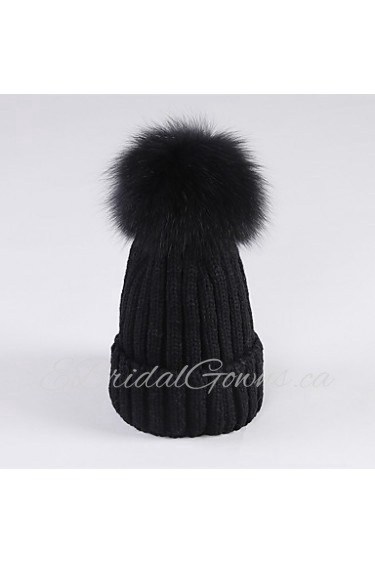 Fake Fur Ball Women Cotton Beanie/Slouchy,Cute/ Casual Fall/ Winter