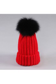 Fake Fur Ball Women Cotton Beanie/Slouchy,Cute/ Casual Fall/ Winter