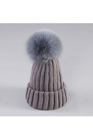 Fake Fur Ball Women Cotton Beanie/Slouchy,Cute/ Casual Fall/ Winter