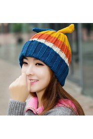 Women Casual Knitting Wool Cute Rabbit Ears Warm Stripes Colored Hat