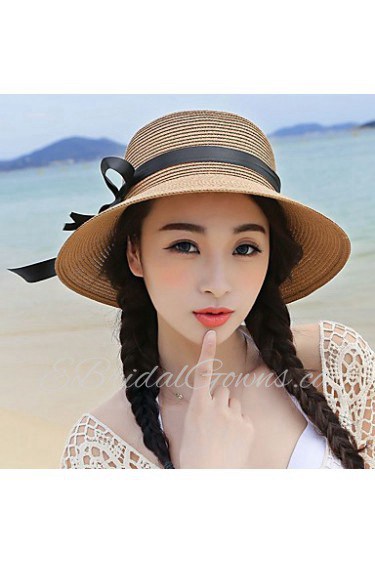 Women Cute Casual Seaside Summer Beach Straw Curling Ribbon Bow Holiday Hat