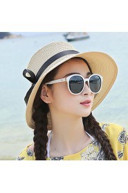 Women Cute Casual Seaside Summer Beach Straw Curling Ribbon Bow Holiday Hat