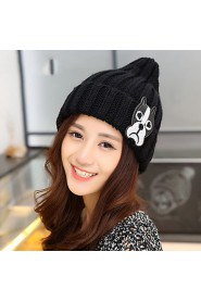 Women Cartoon Puppy Pattern Knit Wool Cap Pointy Warm Patch Hat