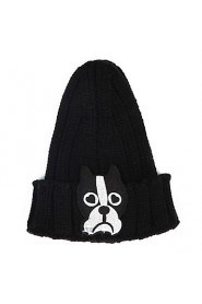 Women Cartoon Puppy Pattern Knit Wool Cap Pointy Warm Patch Hat