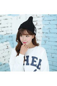 Women Cartoon Puppy Pattern Knit Wool Cap Pointy Warm Patch Hat