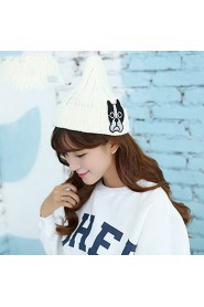 Women Cartoon Puppy Pattern Knit Wool Cap Pointy Warm Patch Hat