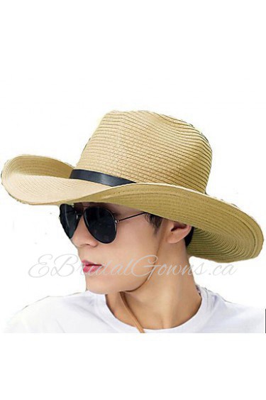 Men Summer Solid Straw Leather Belt Wide Brim Foldable Straw Sun Hat with Drawstring