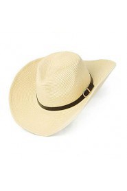 Men Summer Solid Straw Leather Belt Wide Brim Foldable Straw Sun Hat with Drawstring