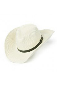 Men Summer Solid Straw Leather Belt Wide Brim Foldable Straw Sun Hat with Drawstring