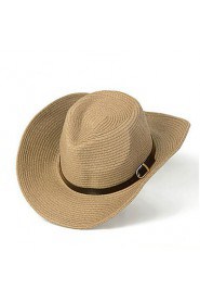 Men Summer Solid Straw Leather Belt Wide Brim Foldable Straw Sun Hat with Drawstring