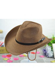 Men Summer Solid Straw Leather Belt Wide Brim Foldable Straw Sun Hat with Drawstring