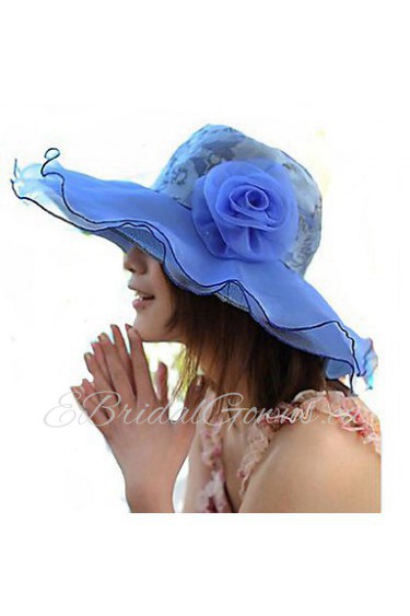 Women Summer Solid Silk Flowal Patchwork Middle Brim Floppy Sun Hat