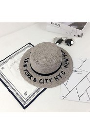 Women Summer Solid Middle Brim Letter Patchwork Bucket Hat Straw Sun Hat