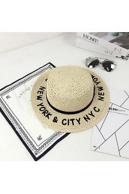 Women Summer Solid Middle Brim Letter Patchwork Bucket Hat Straw Sun Hat