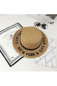 Women Summer Solid Middle Brim Letter Patchwork Bucket Hat Straw Sun Hat