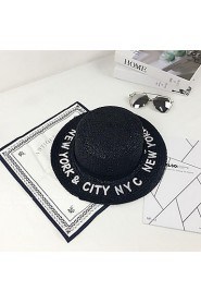 Women Summer Solid Middle Brim Letter Patchwork Bucket Hat Straw Sun Hat